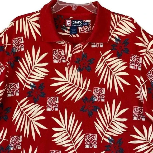 Ralph Lauren Chaps Vintage Hawaiian Short Sleeve Knit Polo Shirt XL Red Cotton - Picture 3 of 13